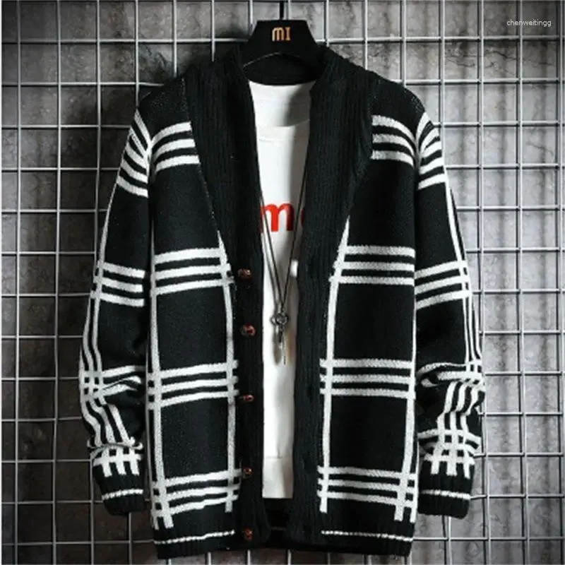 Men's Sweaters Spring Loose All-match Knitting Cardigan Top Jacket Korean Fashion Vintage Plaid Patchwork Casual Sweater Men