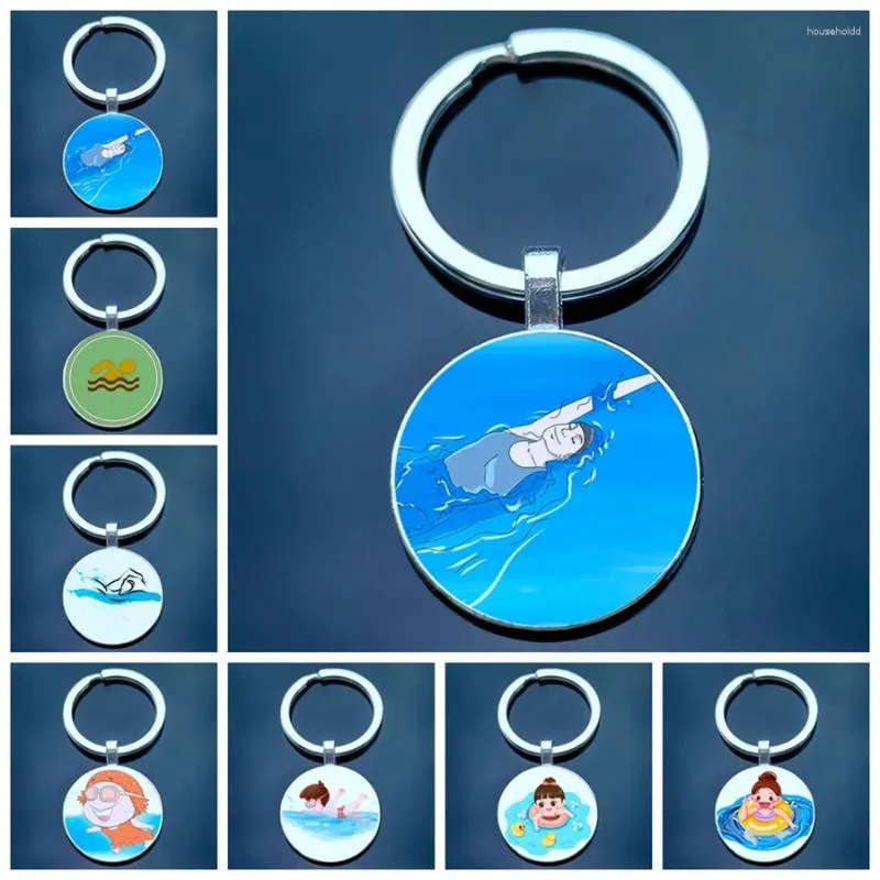 Keychains Swimming Sport Logo Söt tecknad karaktär Glas Key Chain Love Män och kvinnor måste köpa