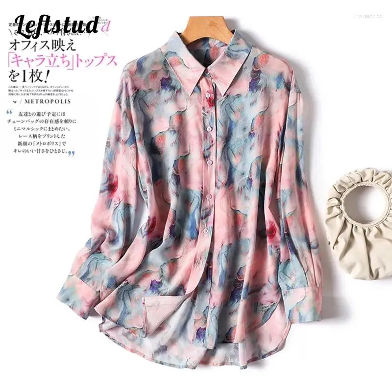 Women's Blouses Color Chiffon Print Vintage Loose Casual Long Sleeve Blouse Shirt Korean Fashion Female Top 2024 Summer Spring