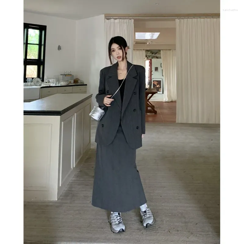 Two Piece Dress Fashion Monet Grey Striped Women's Suit Jacket Skirt Spring And Autumn 2024 Elegant Loose Mid-length Blazer Long Set