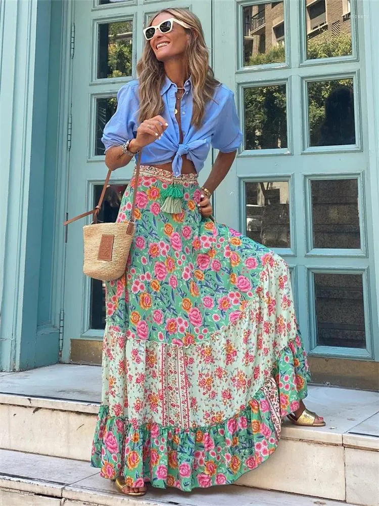 DHgate Boho Floral Printed Maxi Skirt Long High Waisted Summer Beachwear Apparel