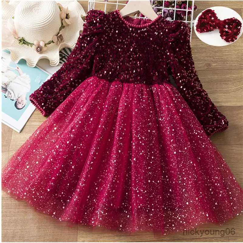 Girl's Dresses Autumn Long Sleeve Sequined Shiny Princess Girls Dress Kid New Year Tulle Red Clothes Children Birthday Party Tulle Tutu Vestido