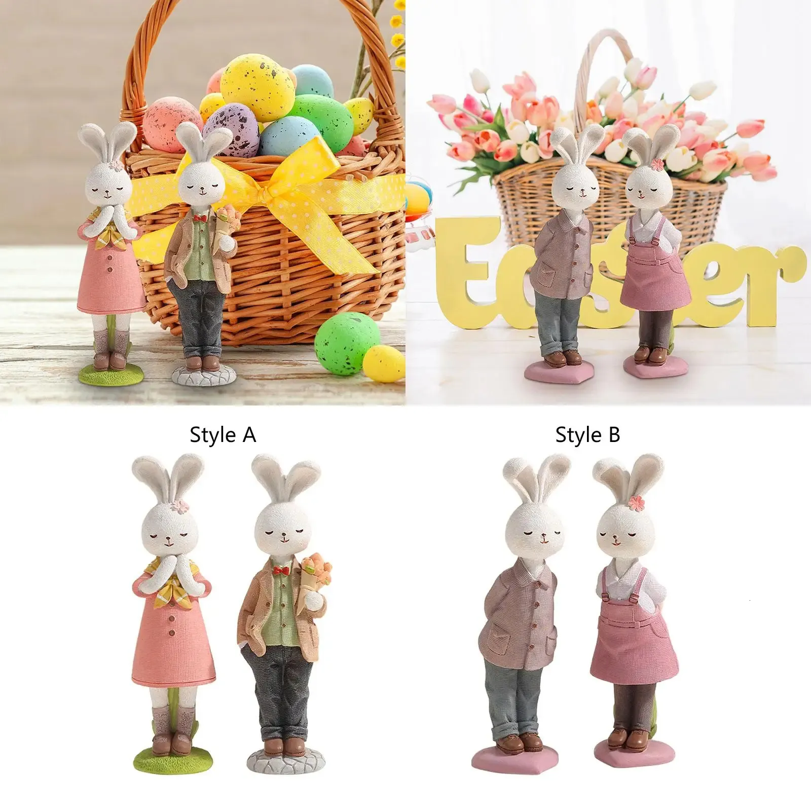 2x Easter Couple Bunny Figurines Easter Decoration Cartoon Cute Creative Ornament for Office Table Porch Cabinet Balcony