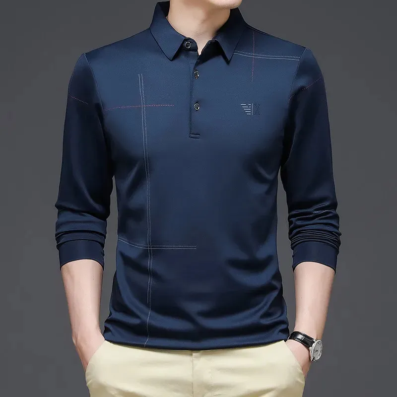 Mannen Polo Shirt Business Herfst T-shirt Lange Mouw Casual Mannelijke Polo Shirt Fit Slanke Koreaanse Kleding Knop Shirts 240202