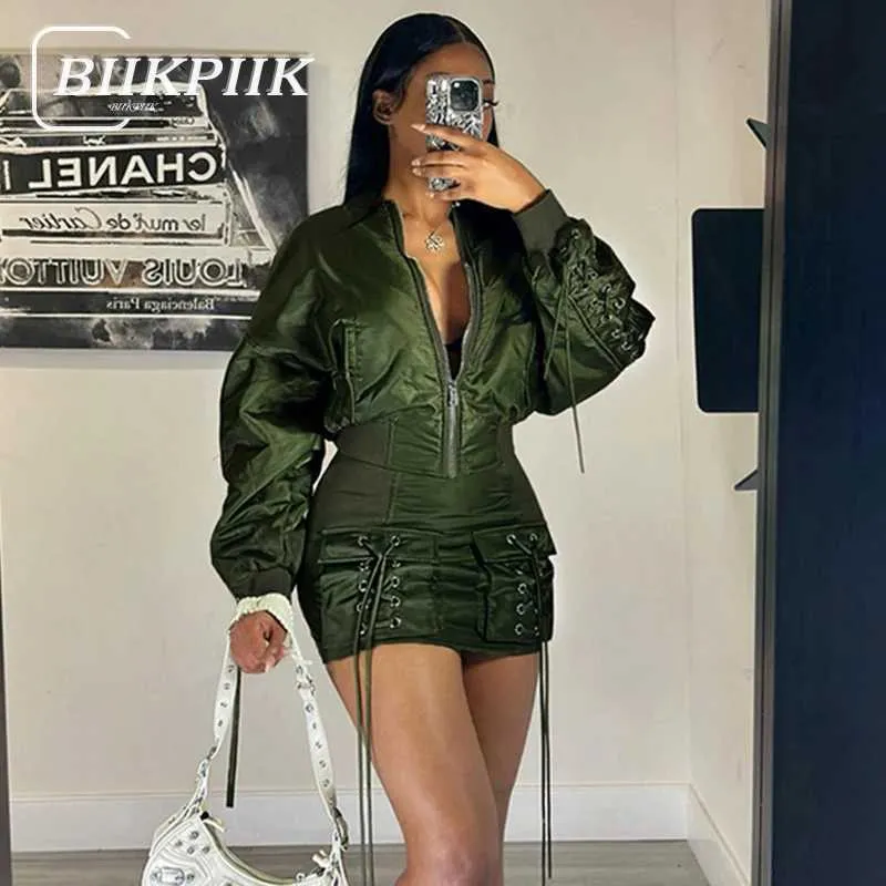 Two Piece Dress BIKPIK Fashion Bandage Womens Set Street Clothing jacket+Mini Ski Motorcycle Style Warm Set Autumn Product Appearance Sexy Casual J240202