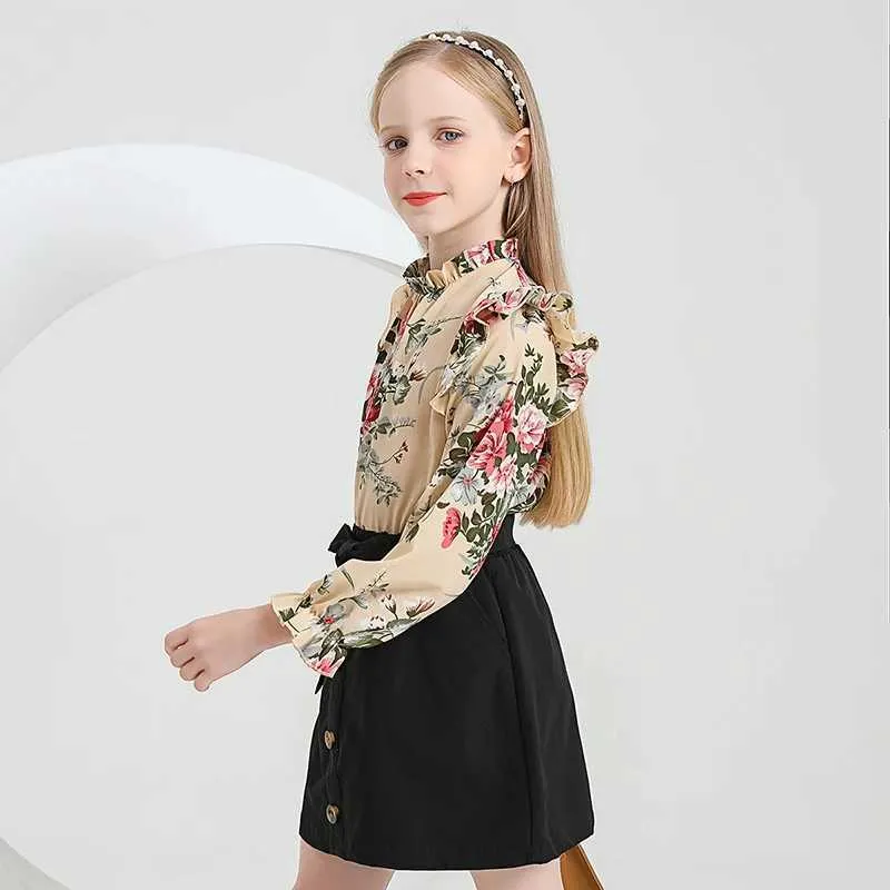 Платья для девочек, комплекты детской повседневной одежды, наряды для девочек, весенне-осенние новые детские топы с длинными рукавами и цветочным принтом, комплекты с черными юбками и поясом