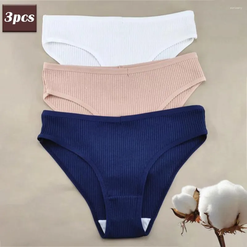 Women's Panties 3PCS Classic Ribbed Solid Ladies Briefs Cotton Breathable Low Rise Half-covered Hips Lingerie Plus Size Underwear M-XXL