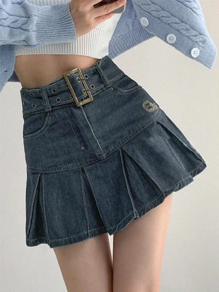 Etekler yüksek bel y2k jean e-kız estetik siyah denim pilili harajuku kuşaklı kanatlar fırfırlar punk kıyafetler a-line etek