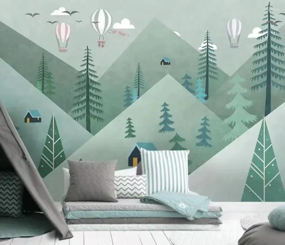 Bakgrundsbilder Milofi nordiska handmålade geometriska bergstoppar tallskogar älg barnväggmålningar