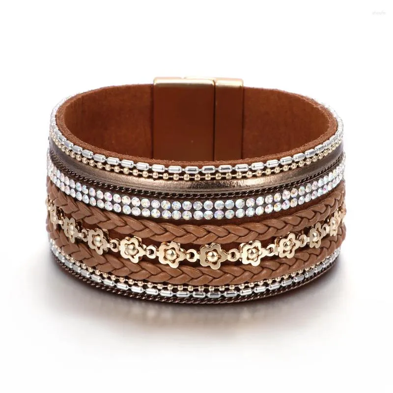 Charme Pulseiras Mulheres Bohemian Strass Couro Multi-Camada Pulseira Pulseira Flor Liga Fivela Magnética Menina Amigos