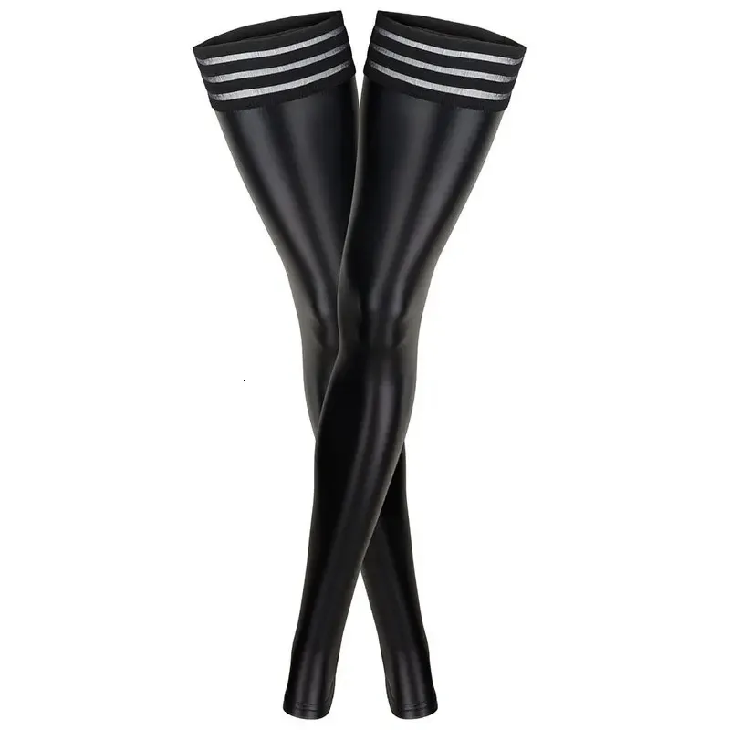 Femmes sexy bas en cuir PU sur chaussettes au genou bottes longues cuissardes bas dentelle rayure cuisse bas en cuir grande taille 240124