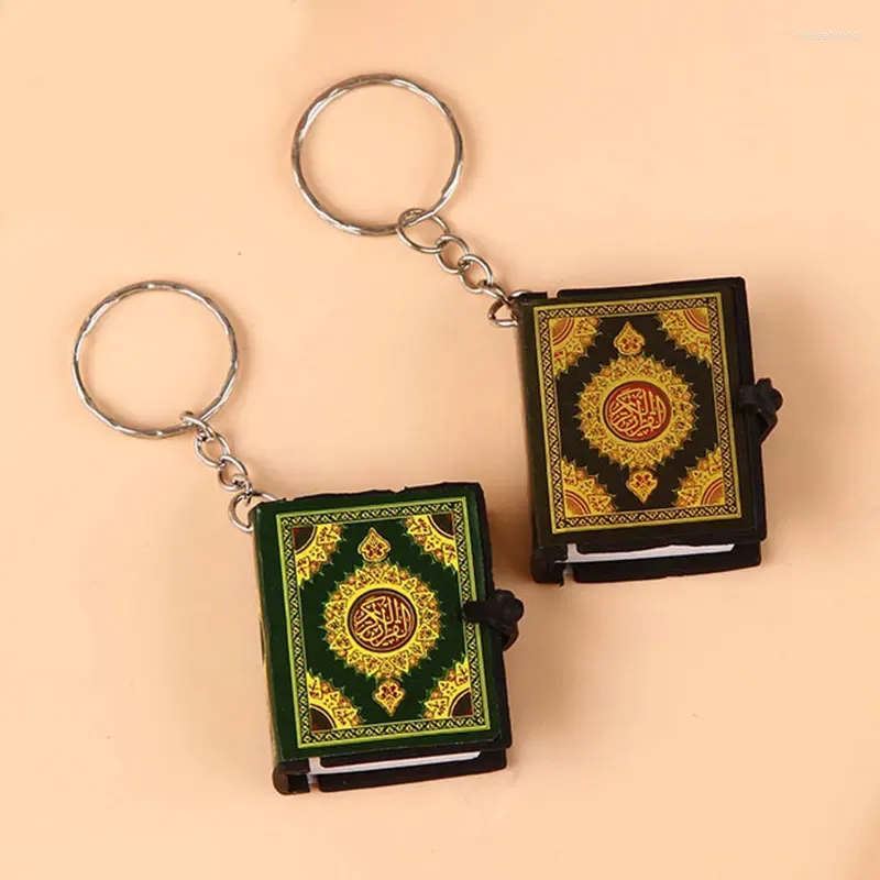 Keychains 1st Muslim Keychain Harts Islamic Mini Pendant Ark Koranbok Riktigt papper kan läsa Key Ring Chain Religious Jewelry