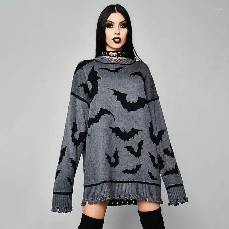 Kadın Sweaters Kadın Gotik Yarasa Örgü Vintage O-Neck Genişletilmiş 2024 Kadınlar Goth Siyah Gri Street Giyim Karanlık Estetik Giysiler