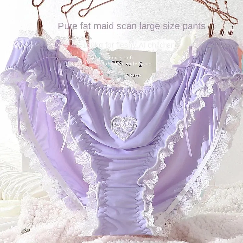 Women's Panties 45-130kg Large Lolita Sexy Lace Curled Embroidery Underwear Girls' Ice High Elastic Student Lingerie