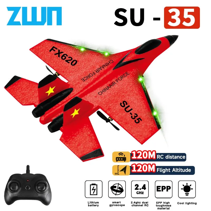 Aereo RC SU35 2.4G con luci a LED aereo telecomando modello volante aliante schiuma EPP giocattoli aereo per bambini regali 240118