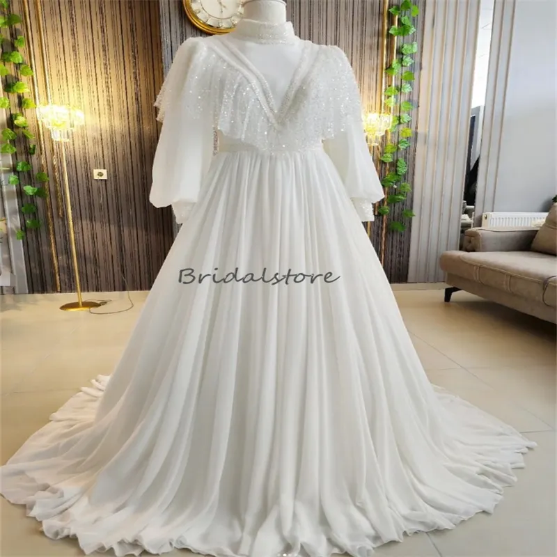 Princess Muslim Wedding Dress With Beaded Long Sleeve Elegant Bohemian Country Bridal Dresses Sequin Whimsical Boho Bride Celtic Vestios De Novia Robe De Mariee