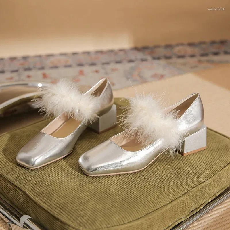 Dress Shoes EVACANDIS Sheepskin Silver High Heels For Women Quality Square Head Mary Jane Thick Heel Fur Feather Single