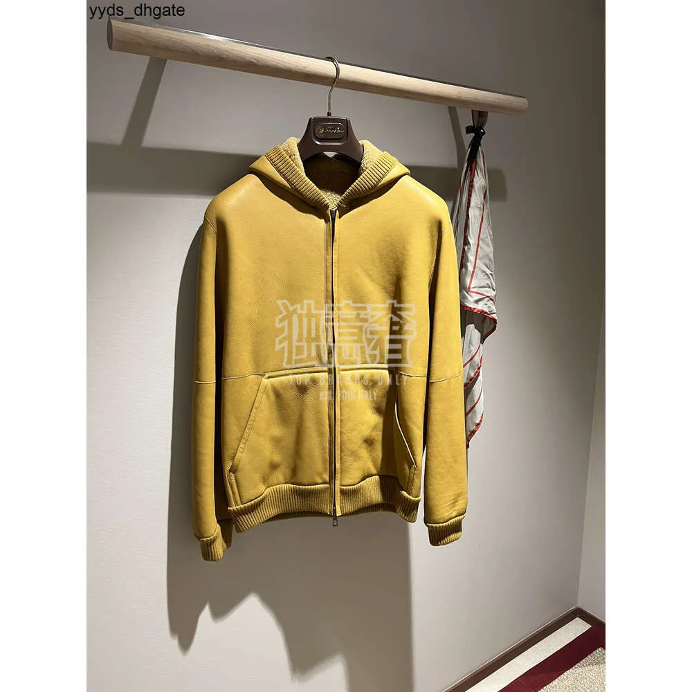 Loro Piano Casacos de inverno masculino com zíper pele casaco com capuz amarelo DO25