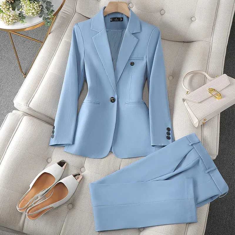 Solid Office Lady Suit for Women Blue Brown Apriot Color Blazer and Pants Spring Autumn Women Pantsuit 2 Piece 240130