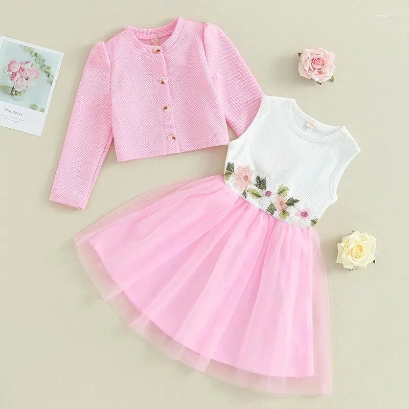 Kläderuppsättningar Citgeeautumn Kids Toddler Girls Outfits rosa långärmad knapp kappa ärmlös blomma broderi tull lapptäcke klänning