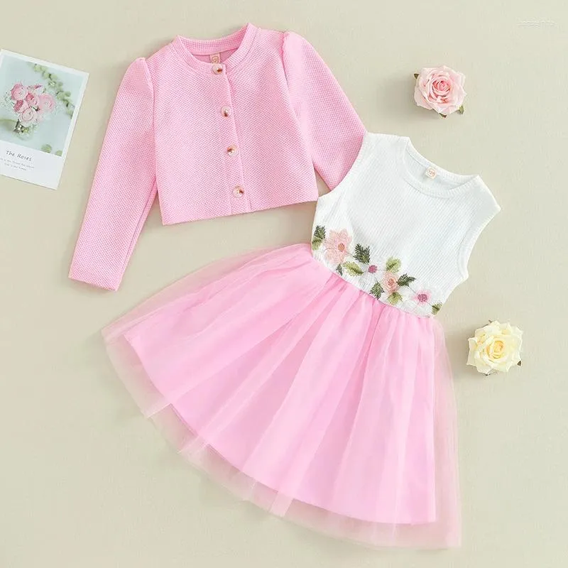 Giyim Setleri Citgeautumn Kids Toddler Kız Kıyafetleri Pembe Uzun Kollu Düğme Ceket Kolsuz Çiçek Nakış Tül Tül Patchwork Set