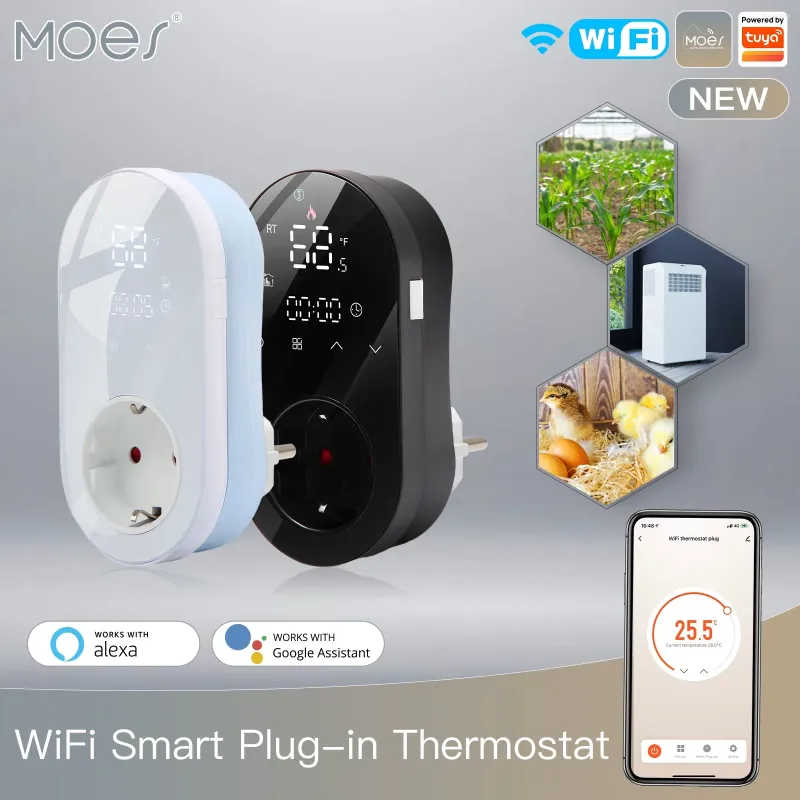 Smart Home Control MOES WiFi LED Thermostat Stecker Steckdose Heizung und Kühlung Modus16A APP Fernbedienung Kompatibel mit Alexa Google