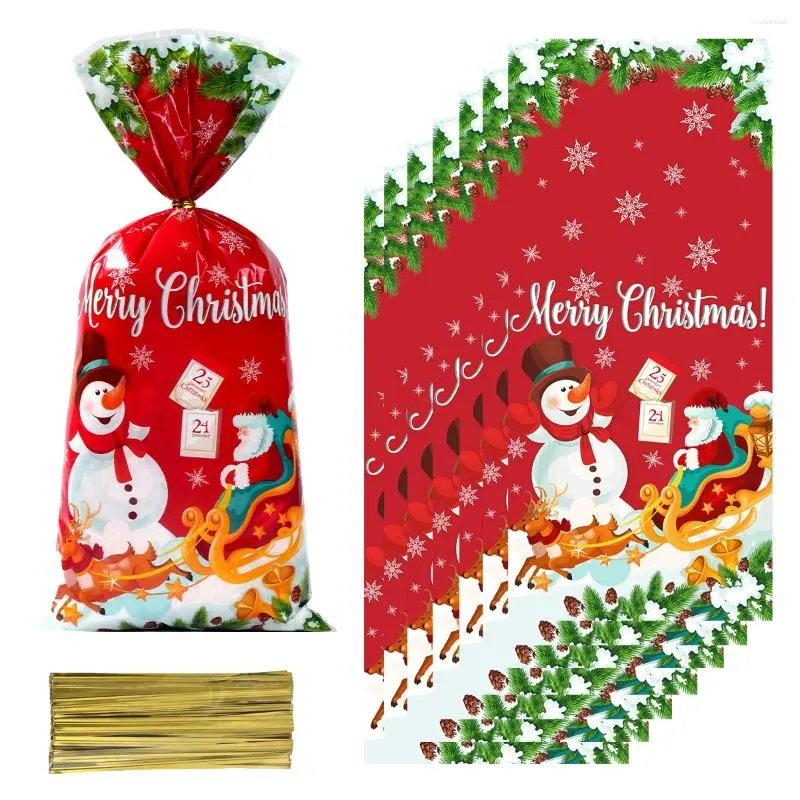 Décorations de Noël 25/50/100pcs Sacs de bonbons Père Noël Bonhomme de neige Sac cadeau en plastique Joyeux 2024 Cadeaux de Noël Année