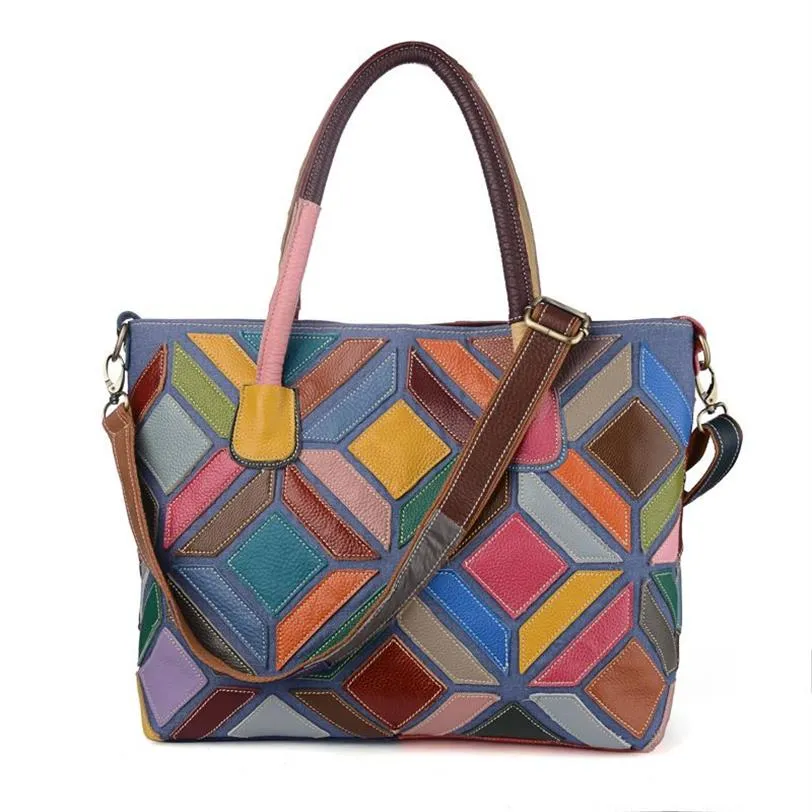 100% echtes Leder Frauen Messenger Taschen Bunte Patchwork Weibliche Tote Schulter Tasche Regenbogen Umhängetasche XY14179n