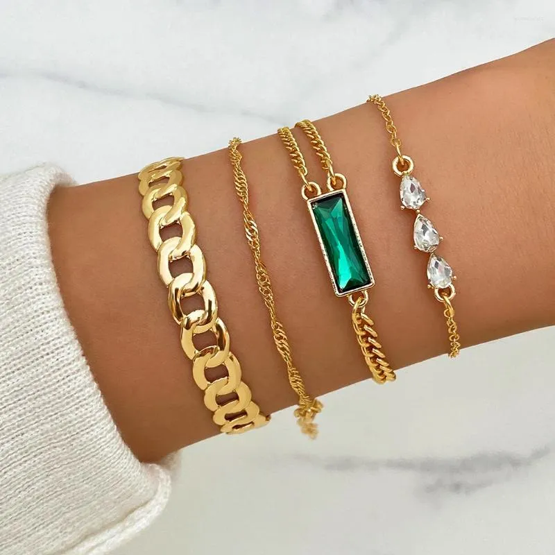 Link braccialetti 4/PC color oro metallo metallico verde geometrico Catena di cristallo per donne Bracciale multistrato Gioielli braccialetti