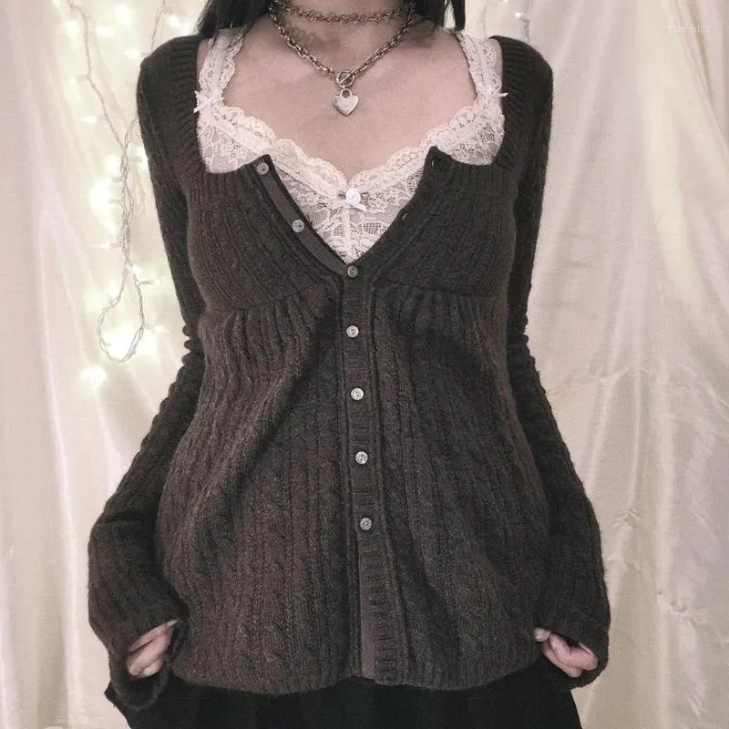 Kvinnors stickor Coquette Grunge Y2k 00s Vintage tröja Enkelt breasted långärmad Cardigan Eesthetic Kawaii Knitwear T-shirt Kvinnor kläder