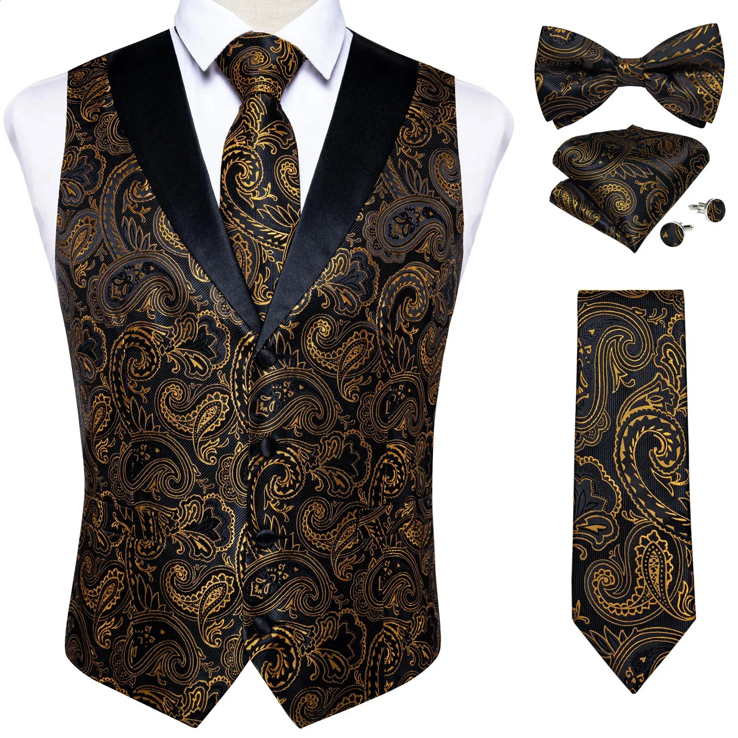 Varumärkesdräkt Vest Set For Men Luxury Silk Black Gold Paisley Dress Tie Cufflinks Handkakor Male ärmlös Waistcoat 240125