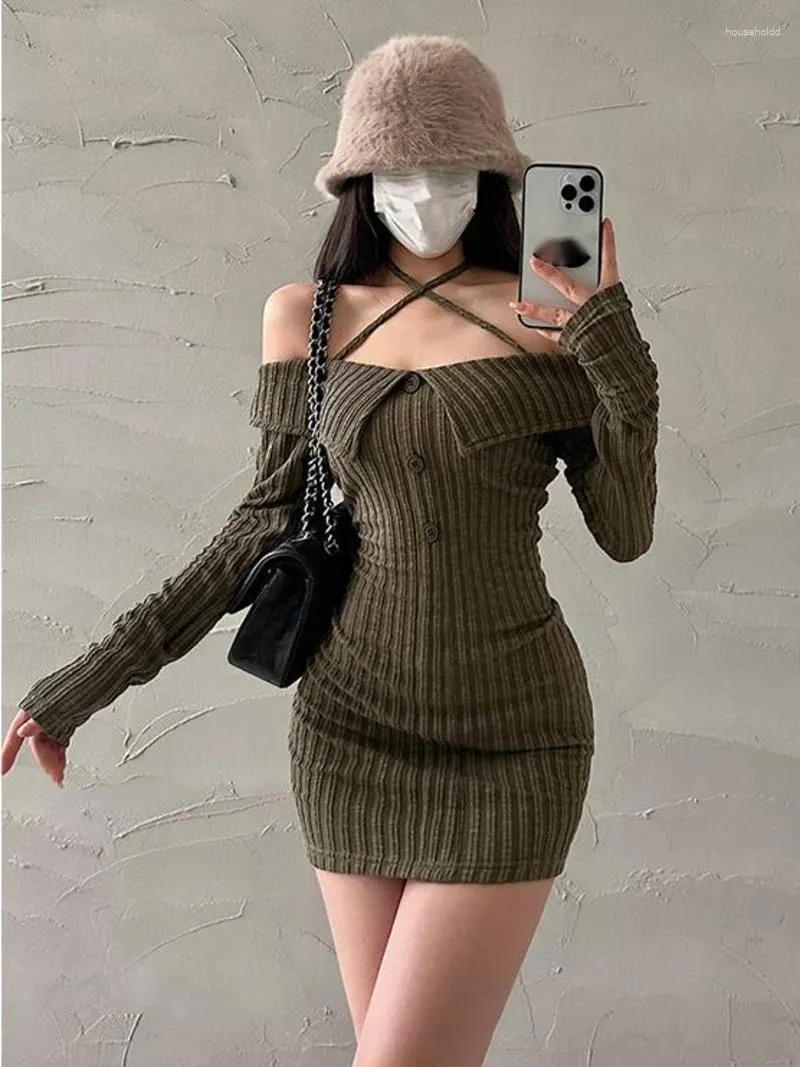 Casual Dresses WOMENGAGA Sexy Off Shoulder Slim Long Sleeve Halter Neck Dress Knitting Fashion Women 2024 Spring Y8AX