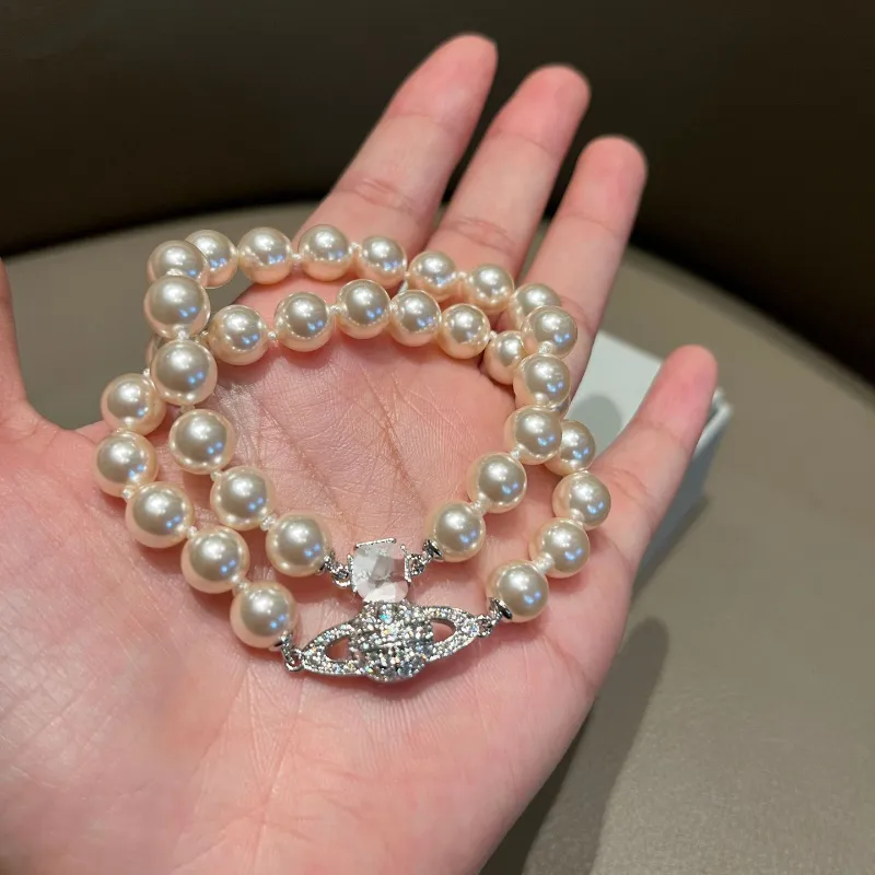 Senhora designer contas pulseiras dupla camada pérolas saturno pulseira cheia de diamantes estilo retro incrustado diamantes ouro mão jóias
