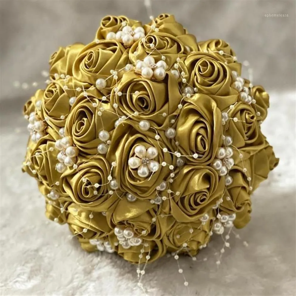 装飾的な花の花輪手作りの結婚式のブライダルビーズを保持するブーケダイヤモンドパールブライドメイイドかわいい金のマリアはレースw2512
