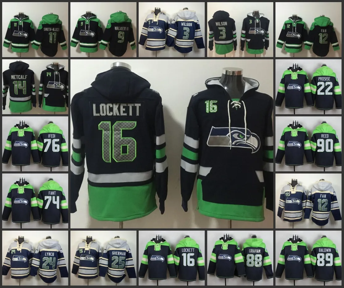 Сиэтл''Сихокс''Мужчины #12 Fan 14 D.K.Metcalf 16 Tyler Lockett 24 Marshawn Lynch Custom Зеленый нестареющий пуловер с капюшоном на шнуровке