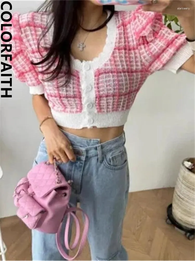 Women's Knits Colorfaith SWC5413JX 2024 Checkered Korean Fashion Knitting Cardigans Women Sweet Spring Summer Elegant Chic Lady Short Tops