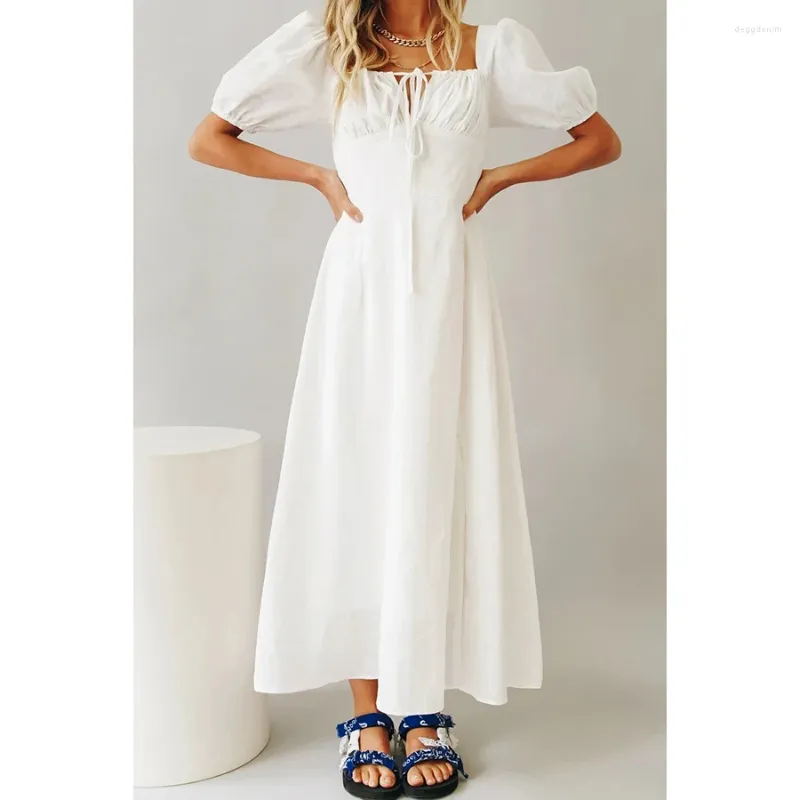 Abiti da festa GypsyLady Bianco Vintage Chic Abito estivo in cotone Donna Backless Puff Sleeve Boho Ruffles Ladies Midi Vestidos