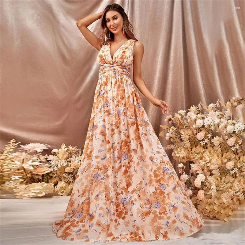 Ethnic Sleeveless V-neck Chiffon Maxi Party Dress for Women Orange  Polyester from Dhgate Ethnic Clothing - price 51.31