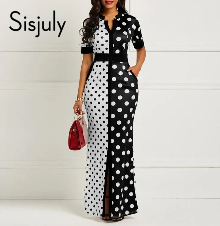 Sisjuly Vintage Bodycon Dress Women Long Black White Polka Dot ضمادة تقسيم نحيل Office Lady Party Sexy Maxi Dresses Y1844048