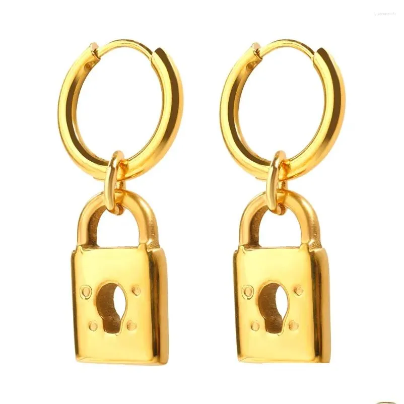 Boucles d'oreilles Jinhui en acier inoxydable cadenas pendentif boucle d'oreille trou de serrure creux couleur or vente en gros Hip-Hop Punk pour femmes bijoux cadeaux Oticj