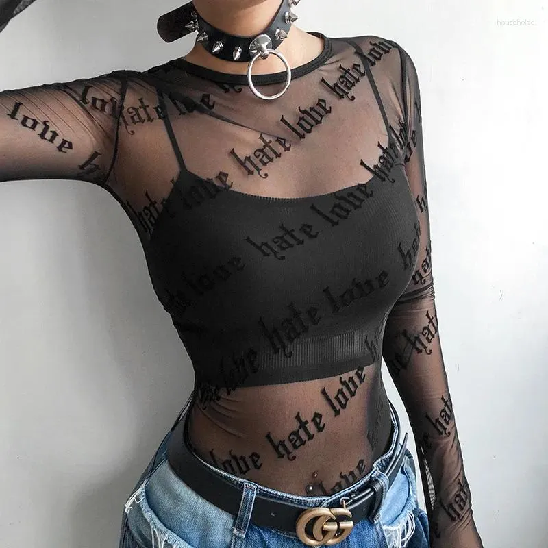 Women's T Shirts Sexy Women Mesh T-Shirts See-Through Perspective Tshirt Letter Printed O Neck Transparent Long Sleeve Shirt Tops