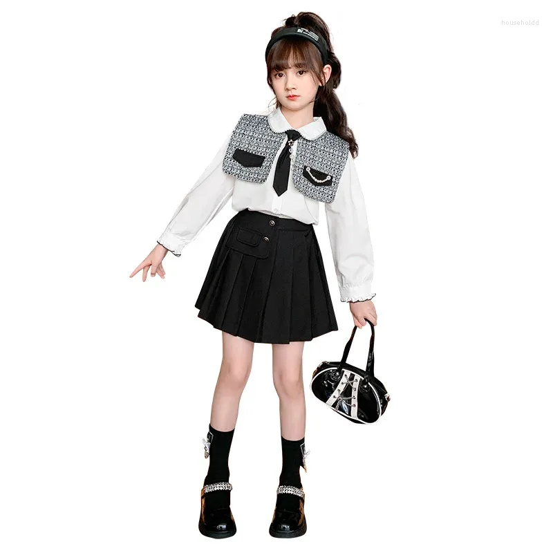 Kläder sätter flickor Fashion Suit Spring Autumn Tie Shawl Vest Shirt veckad kjol 3st Teenage JK Uniform 8 10 12 14 år
