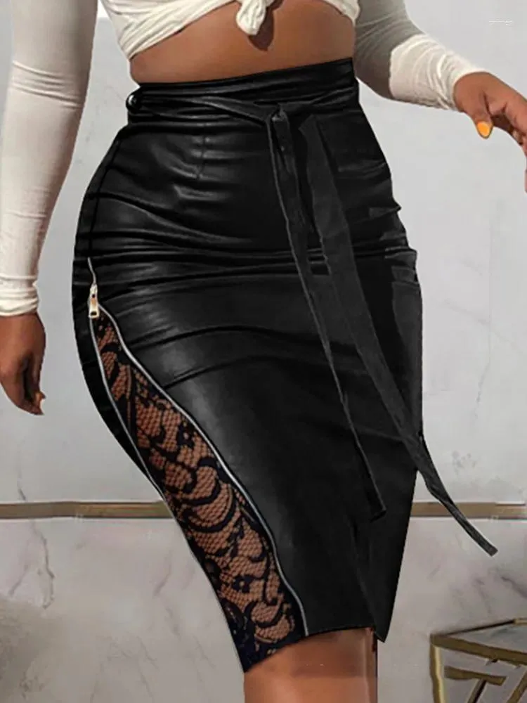 Spódnice skmy czarna spódnica moda koronkowa patchwork szczupły pasek koronkowy kolano skóra dla kobiety