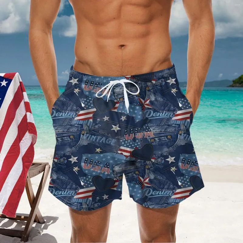 Mäns shorts Mens 3D Digital självständighet Day Printing Pocket Buckle Lapel Swim Surf Brand Short for Men Trunks