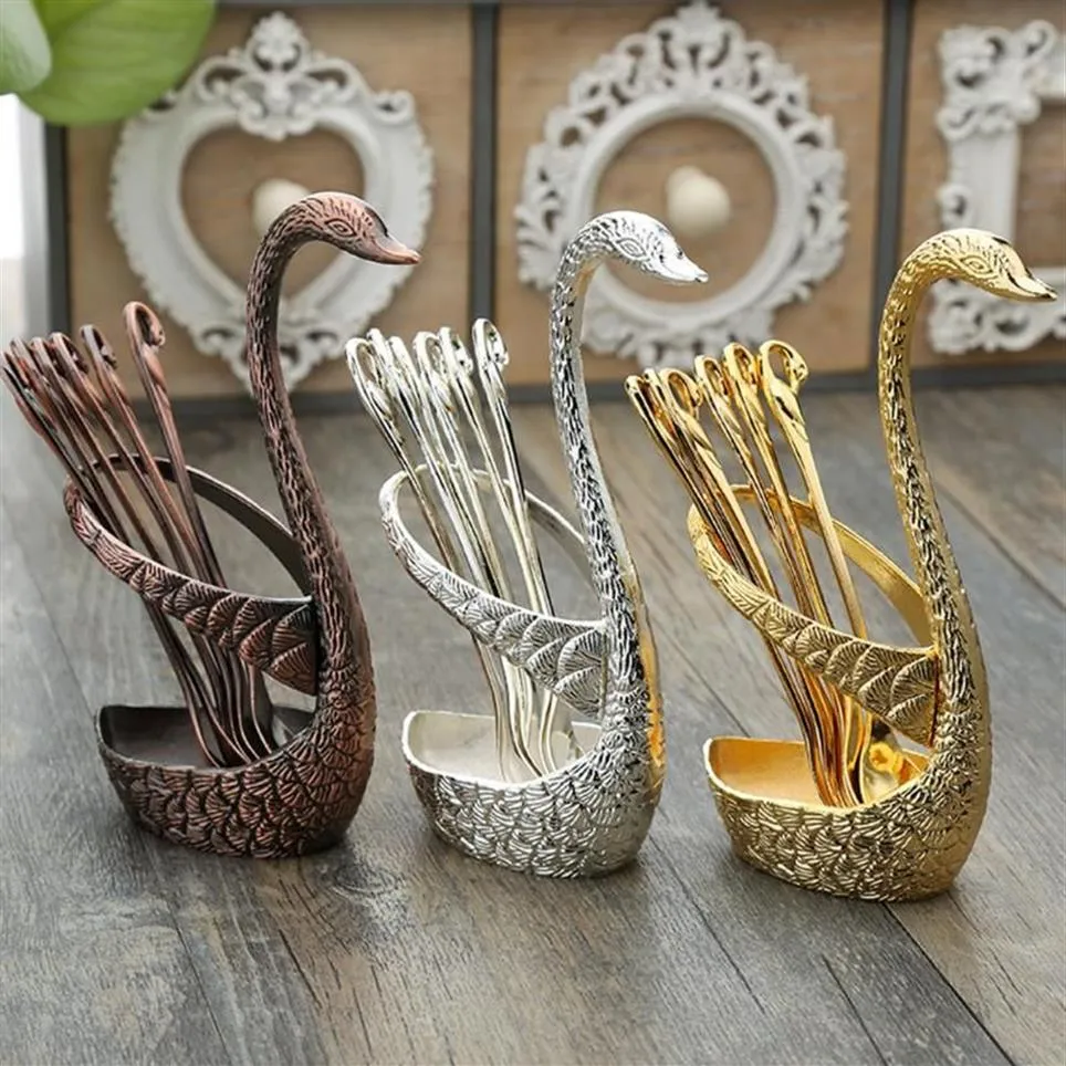 Diny Sets 7 PCS Swan Base Holder Set Roestvrij staal Gold Lepel Vork Coffee Coffee Cake Cake Fruitsalade Dessert Flatware TheelPo261B