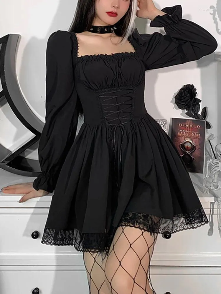 Vestidos de fiesta Mangas largas Vestido de lolita negro Mujeres Goth Estética Puff Manga Alta Cintura Vendaje Mini Feamle Lace