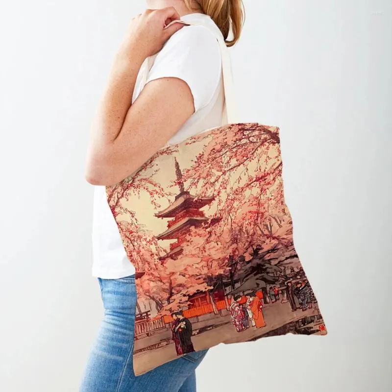 Borse per la spesa Dipinta giapponese Fuji Mountain Architectur Borsa da donna casual in tela Decorazione artistica Borsa shopper musicale Borsa da donna