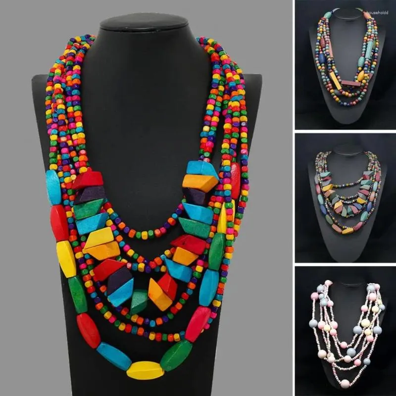 Chains Party Necklace Vintage Multilayer Beads Dress Up Fashion Item Ethnic Tassel Wood Beaded Bib Holiday Jewelry