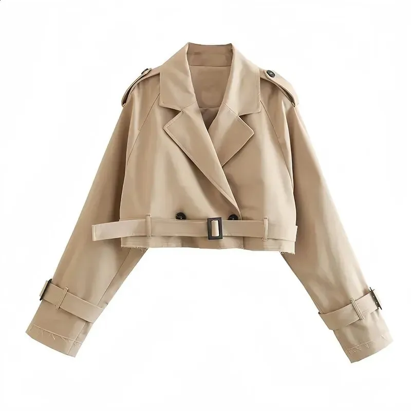 Khaki kvinnors casual lapel dubbel breasted trench jacka hösten vinter jacka beskurna ärtkläder med bältet 240122