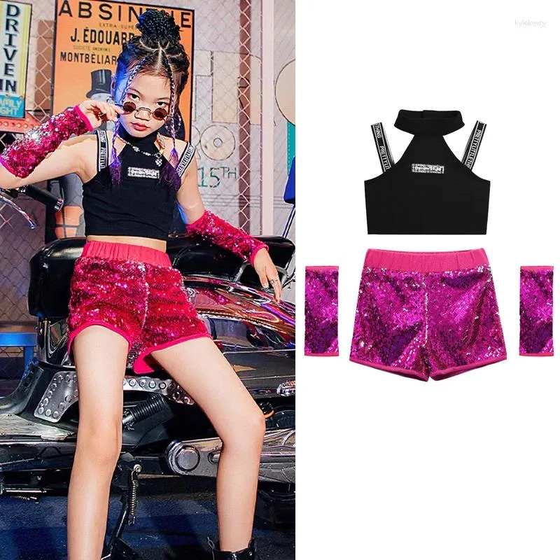 Palco desgaste crianças hip hop trajes de dança meninas jazz roupas halter pescoço top lantejoulas shorts rua dancewear kpop outfit xs4649